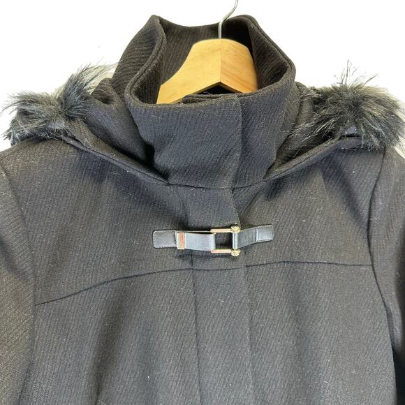Cole Haan Black Faux Fur Trim Hooded Wool Long Duffle Pea Coat Womens Size 8 - Picture 8 of 16
